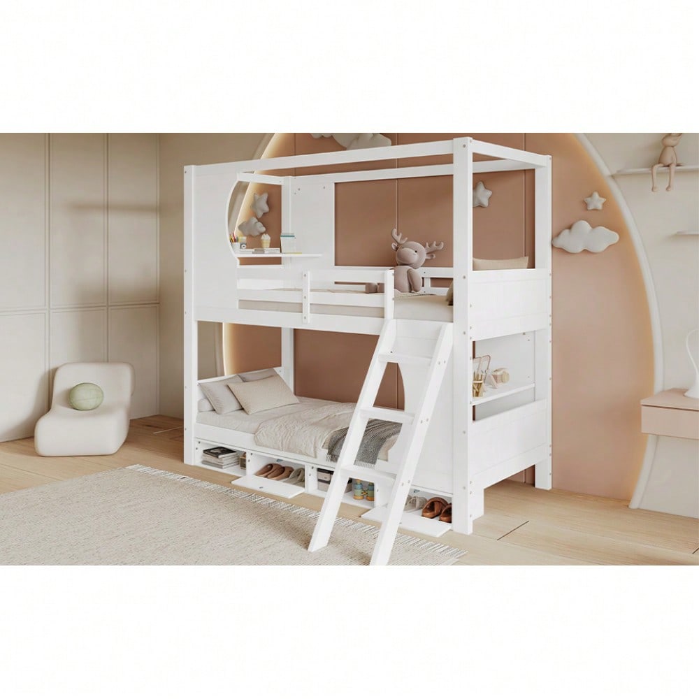 Etagenbett, Kinderbett mit Fallschutzgitter, mit Tisch, Schuhschrank mit vier Fächern, Reichlich Stauraum, Dreistufige Schrägleiter, Kiefer+MDF+Sperrholz, Weiß, 90x200cm