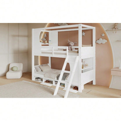 Etagenbett, Kinderbett mit Fallschutzgitter, mit Tisch, Schuhschrank mit vier Fächern, Reichlich Stauraum, Dreistufige Schrägleiter, Kiefer+MDF+Sperrholz, Weiß, 90x200cm