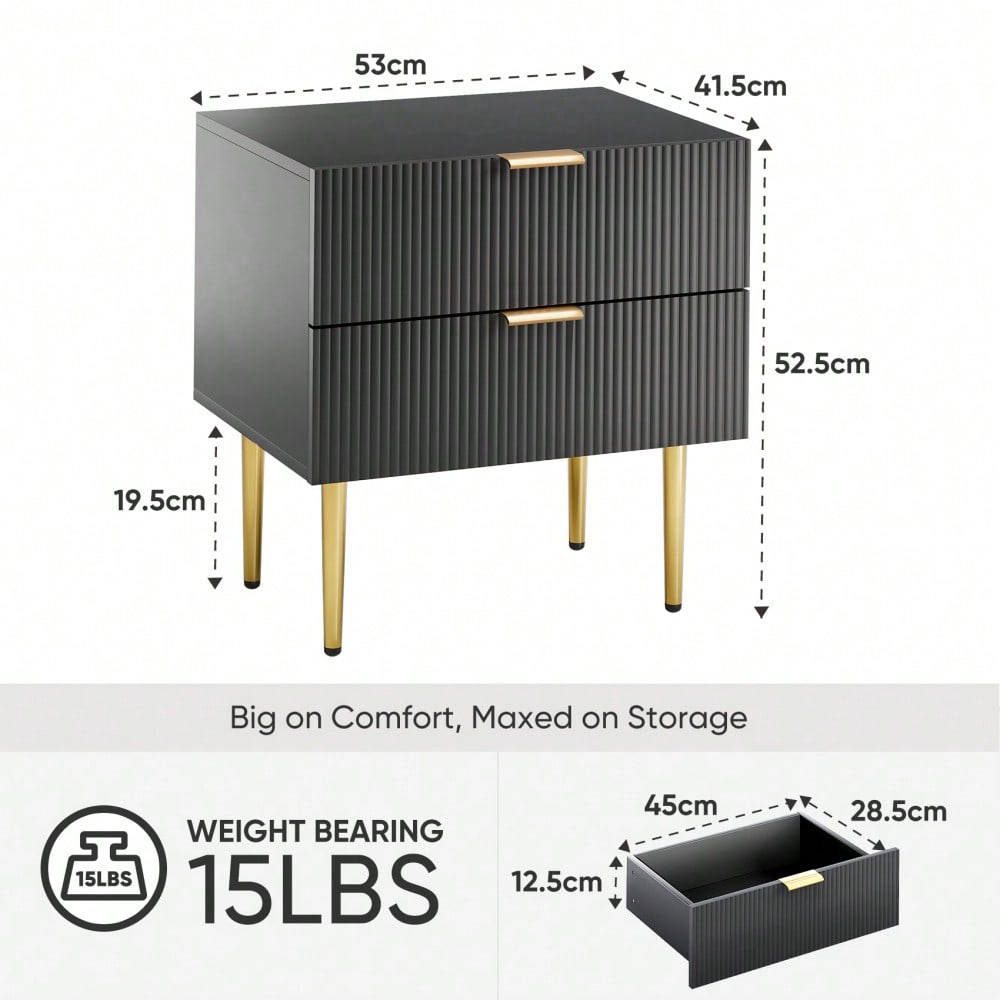 Schwarzer Nachttisch mit Wellenmuster und 2 Schubladen, Schlafzimmer-Nachttisch, moderner Nachttisch mit Metallbeinen, 1 Stück