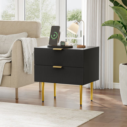 Schwarzer Nachttisch mit Wellenmuster und 2 Schubladen, Schlafzimmer-Nachttisch, moderner Nachttisch mit Metallbeinen, 1 Stück