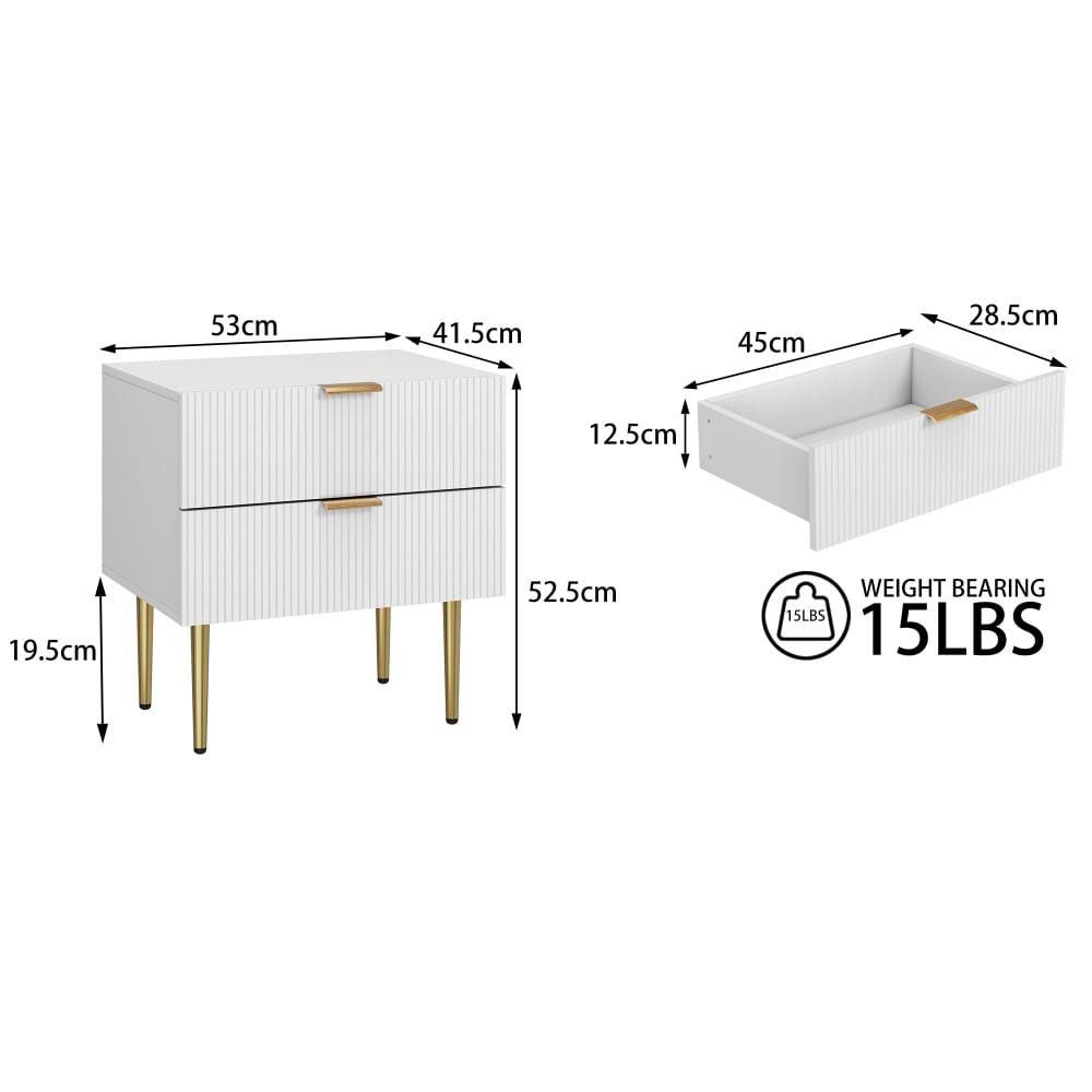 Weißer Nachttisch mit Wellenmuster und 2 Schubladen,  Schlafzimmer-Nachttisch,moderner Nachttisch mit Metallbeinen, 1 Stück