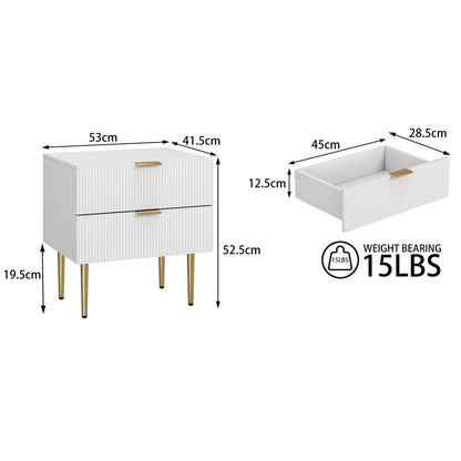 Weißer Nachttisch mit Wellenmuster und 2 Schubladen,  Schlafzimmer-Nachttisch,moderner Nachttisch mit Metallbeinen, 1 Stück
