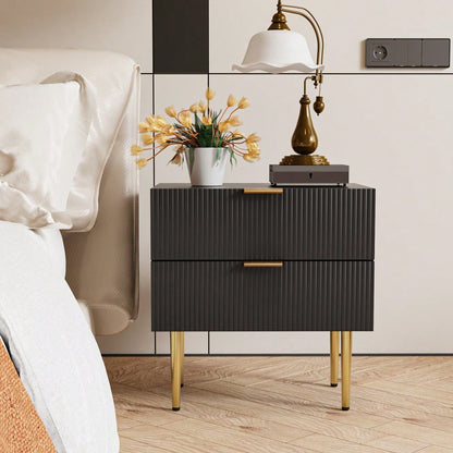 Schwarzer Nachttisch mit Wellenmuster und 2 Schubladen, Schlafzimmer-Nachttisch, moderner Nachttisch mit Metallbeinen, 1 Stück