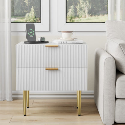 Weißer Nachttisch mit Wellenmuster und 2 Schubladen,  Schlafzimmer-Nachttisch,moderner Nachttisch mit Metallbeinen, 1 Stück