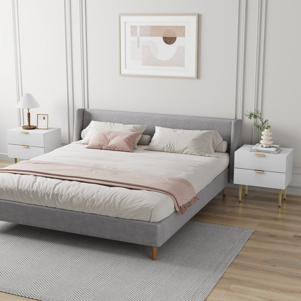 Weißer Nachttisch mit Wellenmuster und 2 Schubladen,  Schlafzimmer-Nachttisch,moderner Nachttisch mit Metallbeinen, 1 Stück