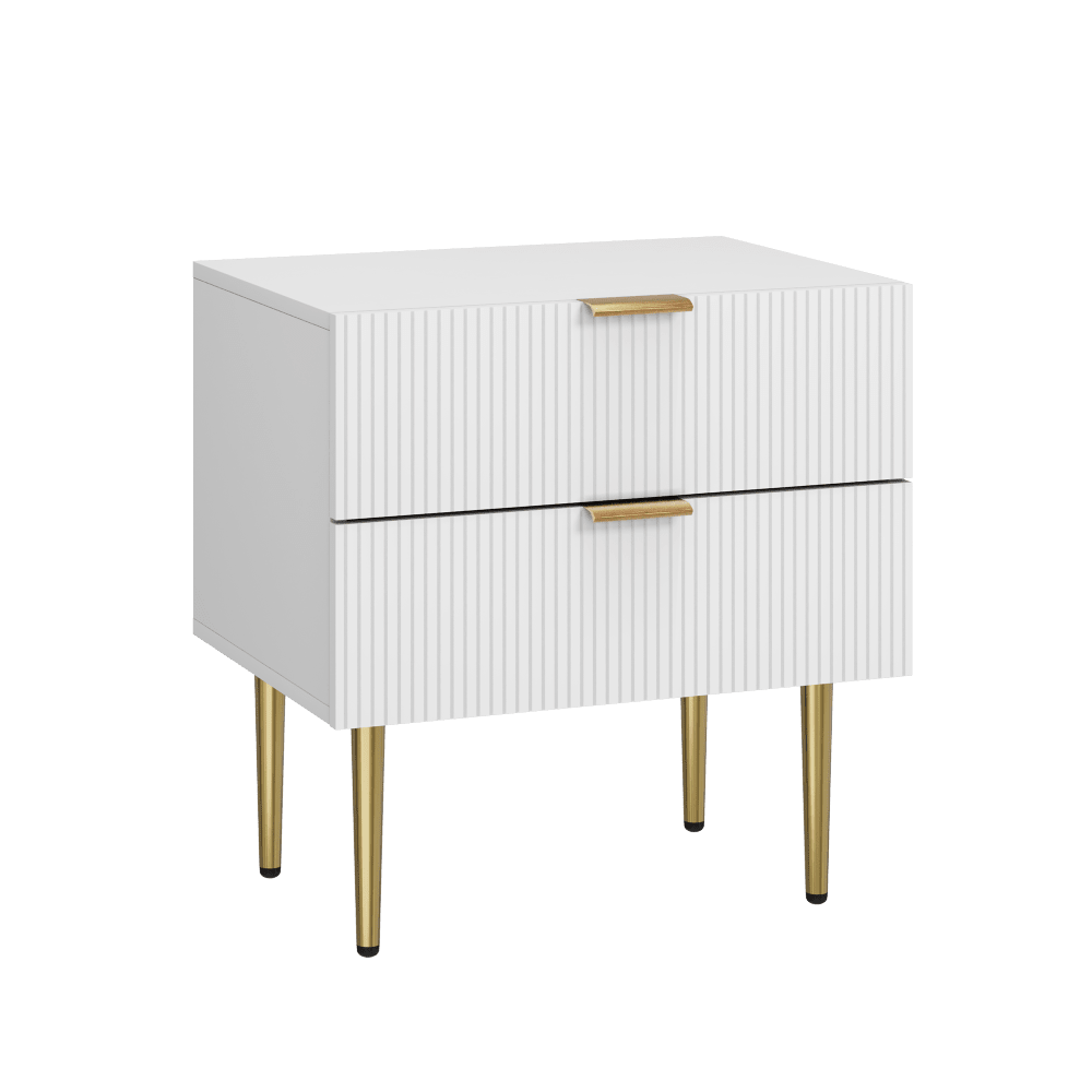 Weißer Nachttisch mit Wellenmuster und 2 Schubladen,  Schlafzimmer-Nachttisch,moderner Nachttisch mit Metallbeinen, 1 Stück
