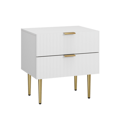 Weißer Nachttisch mit Wellenmuster und 2 Schubladen,  Schlafzimmer-Nachttisch,moderner Nachttisch mit Metallbeinen, 1 Stück