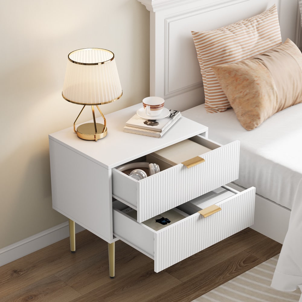 Weißer Nachttisch mit Wellenmuster und 2 Schubladen,  Schlafzimmer-Nachttisch,moderner Nachttisch mit Metallbeinen, 1 Stück