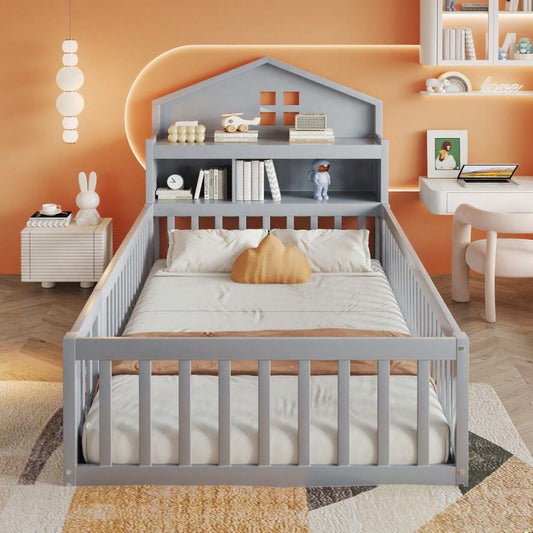Kinderbett 90 x 200, Massivholz-Kinderbettrahmen, Hausleiste, mit Einlegeböden und Stauraum, mit Schutzgitter und Tür, mit Bilderleiste, mit Lattenrost, Grau