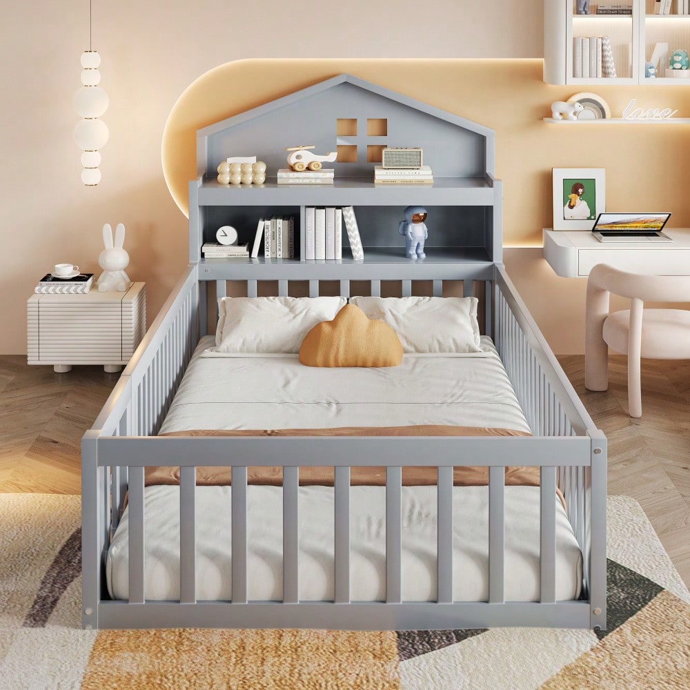 Kinderbett 90 x 200, Massivholz-Kinderbettrahmen, Hausleiste, mit Einlegeböden und Stauraum, mit Schutzgitter und Tür, mit Bilderleiste, mit Lattenrost, Grau