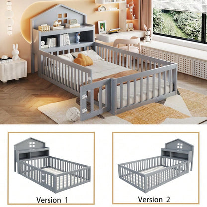 Kinderbett 90 x 200, Massivholz-Kinderbettrahmen, Hausleiste, mit Einlegeböden und Stauraum, mit Schutzgitter und Tür, mit Bilderleiste, mit Lattenrost, Grau