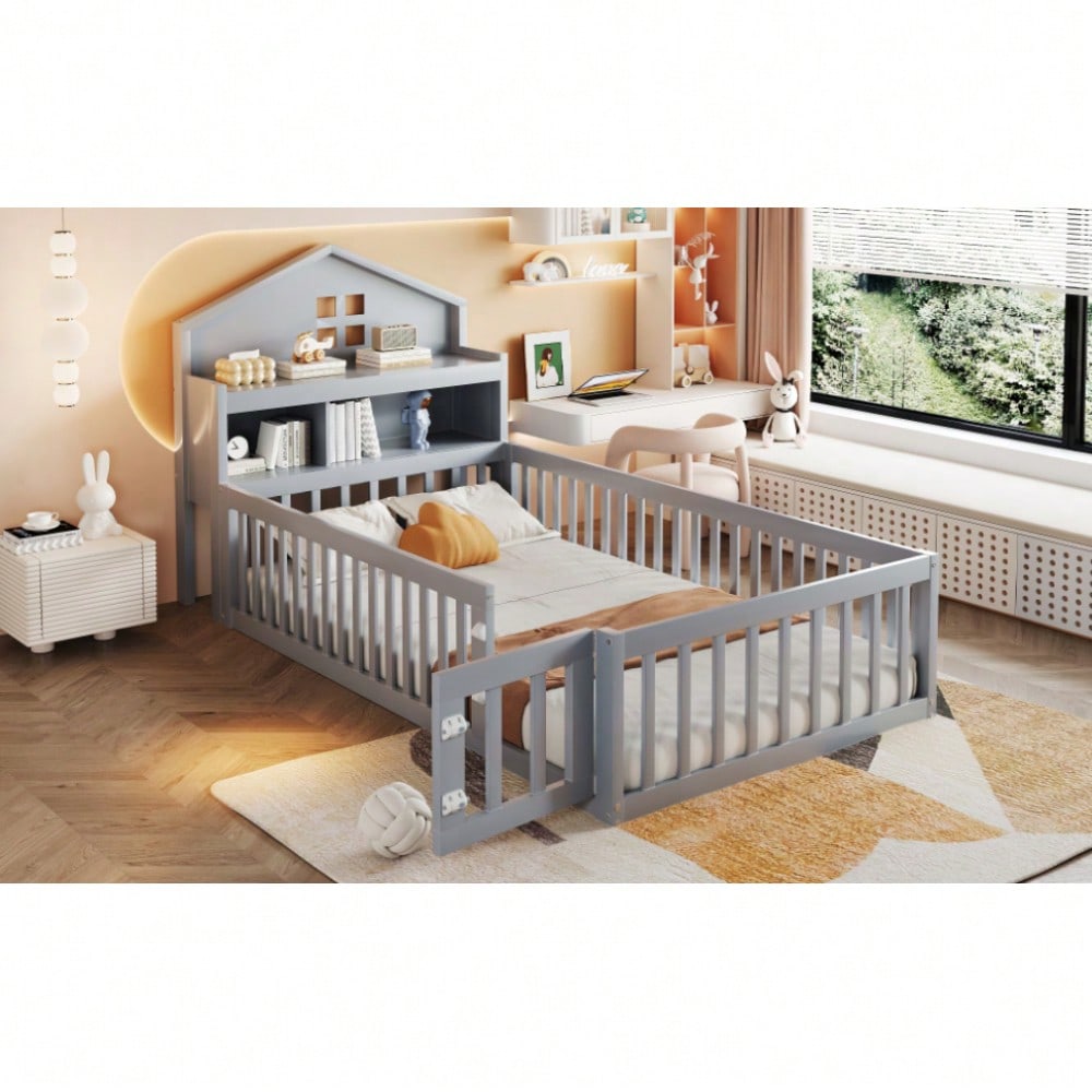 Kinderbett 90 x 200, Massivholz-Kinderbettrahmen, Hausleiste, mit Einlegeböden und Stauraum, mit Schutzgitter und Tür, mit Bilderleiste, mit Lattenrost, Grau