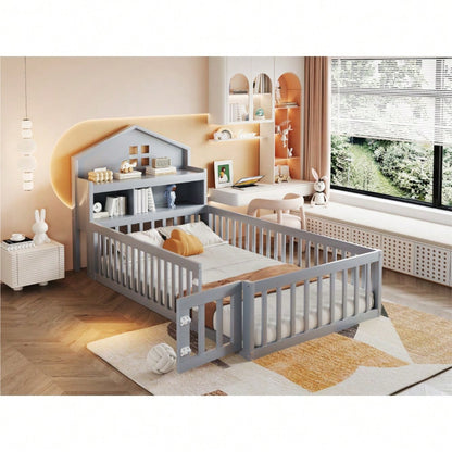 Kinderbett 90 x 200, Massivholz-Kinderbettrahmen, Hausleiste, mit Einlegeböden und Stauraum, mit Schutzgitter und Tür, mit Bilderleiste, mit Lattenrost, Grau