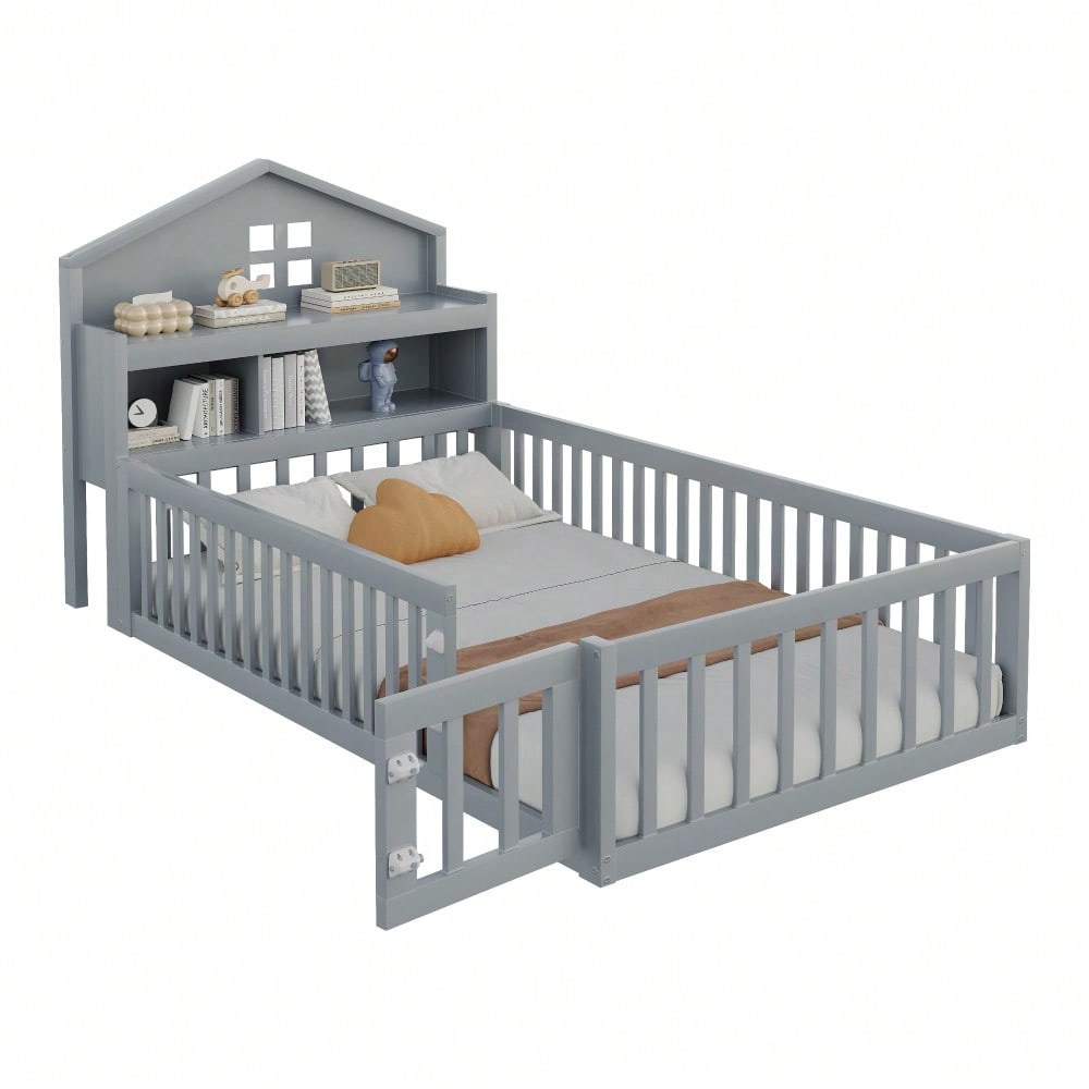 Kinderbett 90 x 200, Massivholz-Kinderbettrahmen, Hausleiste, mit Einlegeböden und Stauraum, mit Schutzgitter und Tür, mit Bilderleiste, mit Lattenrost, Grau