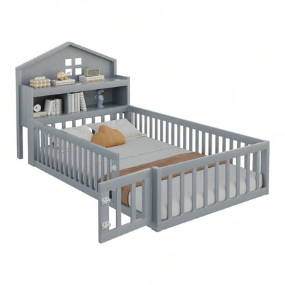 Kinderbett 90 x 200, Massivholz-Kinderbettrahmen, Hausleiste, mit Einlegeböden und Stauraum, mit Schutzgitter und Tür, mit Bilderleiste, mit Lattenrost, Grau