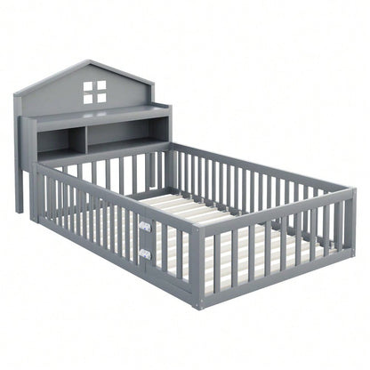 Kinderbett 90 x 200, Massivholz-Kinderbettrahmen, Hausleiste, mit Einlegeböden und Stauraum, mit Schutzgitter und Tür, mit Bilderleiste, mit Lattenrost, Grau