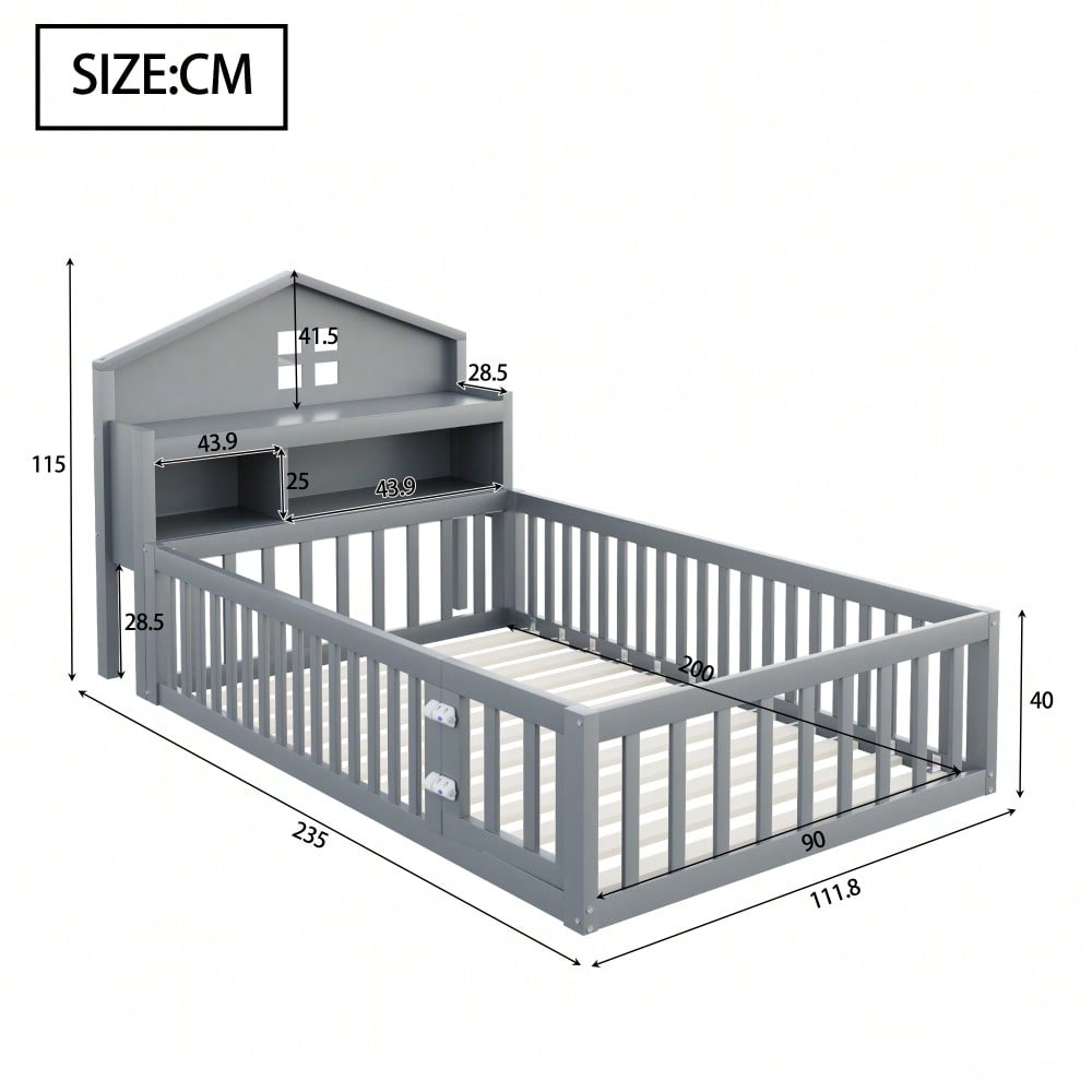 Kinderbett 90 x 200, Massivholz-Kinderbettrahmen, Hausleiste, mit Einlegeböden und Stauraum, mit Schutzgitter und Tür, mit Bilderleiste, mit Lattenrost, Grau