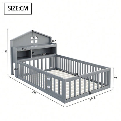 Kinderbett 90 x 200, Massivholz-Kinderbettrahmen, Hausleiste, mit Einlegeböden und Stauraum, mit Schutzgitter und Tür, mit Bilderleiste, mit Lattenrost, Grau