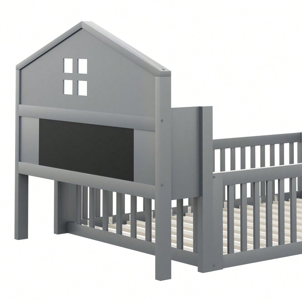 Kinderbett 90 x 200, Massivholz-Kinderbettrahmen, Hausleiste, mit Einlegeböden und Stauraum, mit Schutzgitter und Tür, mit Bilderleiste, mit Lattenrost, Grau