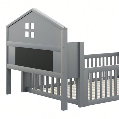Kinderbett 90 x 200, Massivholz-Kinderbettrahmen, Hausleiste, mit Einlegeböden und Stauraum, mit Schutzgitter und Tür, mit Bilderleiste, mit Lattenrost, Grau