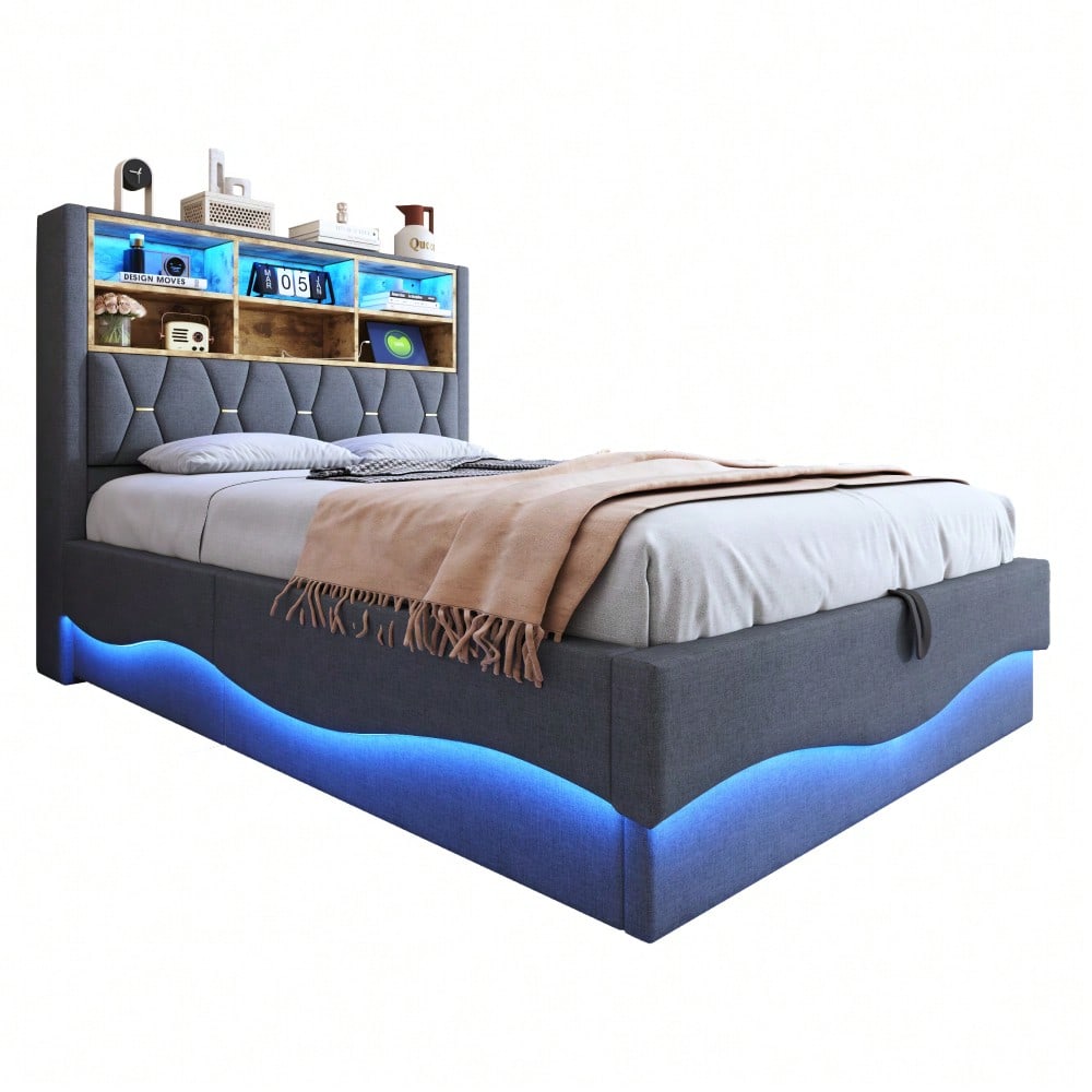 Polsterbett 140×200  mit hydraulischem Stauraum APP-gesteuertes LED-Lichtband USB-Ladeanschluss Metall-Lattenrost Leinenpolsterung Grau.