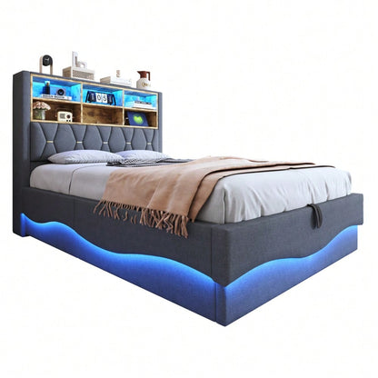 Polsterbett 140×200  mit hydraulischem Stauraum APP-gesteuertes LED-Lichtband USB-Ladeanschluss Metall-Lattenrost Leinenpolsterung Grau.