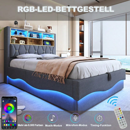 Polsterbett 140×200  mit hydraulischem Stauraum APP-gesteuertes LED-Lichtband USB-Ladeanschluss Metall-Lattenrost Leinenpolsterung Grau.