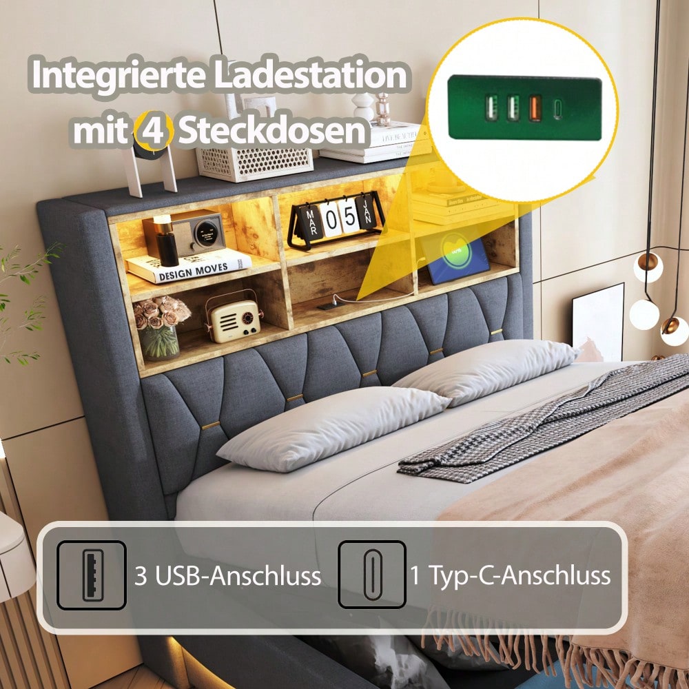 Polsterbett 140×200  mit hydraulischem Stauraum APP-gesteuertes LED-Lichtband USB-Ladeanschluss Metall-Lattenrost Leinenpolsterung Grau.