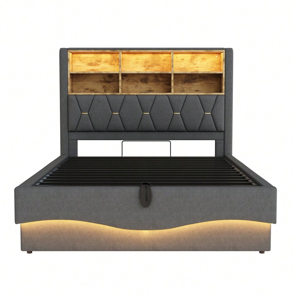 Polsterbett 140×200  mit hydraulischem Stauraum APP-gesteuertes LED-Lichtband USB-Ladeanschluss Metall-Lattenrost Leinenpolsterung Grau.