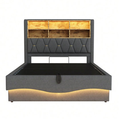 Polsterbett 140×200  mit hydraulischem Stauraum APP-gesteuertes LED-Lichtband USB-Ladeanschluss Metall-Lattenrost Leinenpolsterung Grau.