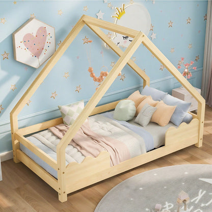 Hausbett Kinderbett 90x200cm mit Rausfallschutz  Spielbett  Jugendbett Massivholz in Natur(OLD SKU:WF531910AAN)