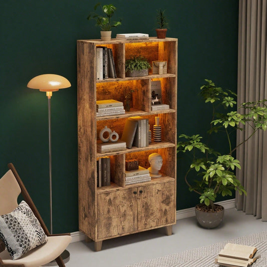 80x30x173cmBücherregal, Beine aus Massivholz, mehrere Ablagefächer, Doppeltüren, LED-Farbwechsel-Ambientelicht, Fernbedienung, einfache Form,braun