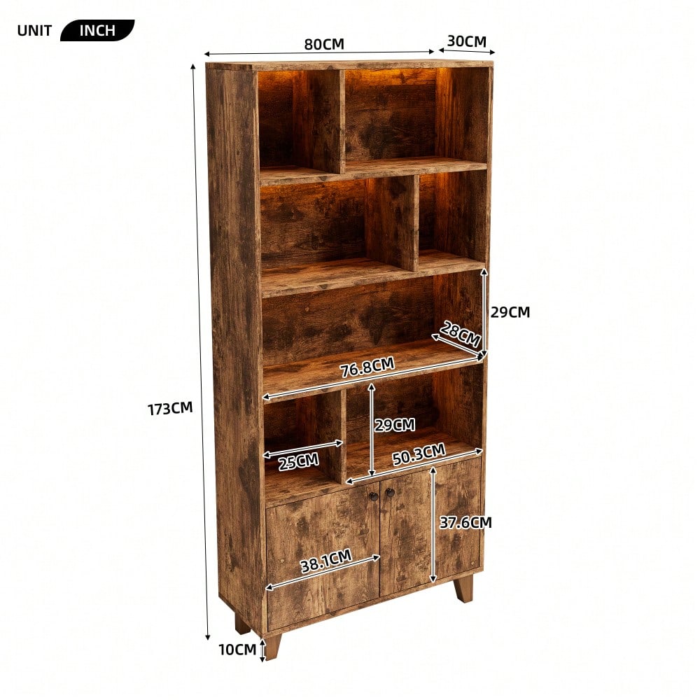 80x30x173cmBücherregal, Beine aus Massivholz, mehrere Ablagefächer, Doppeltüren, LED-Farbwechsel-Ambientelicht, Fernbedienung, einfache Form,braun