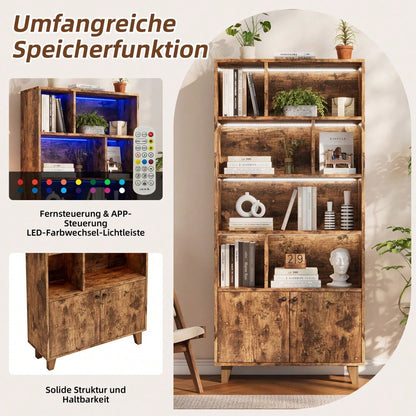80x30x173cmBücherregal, Beine aus Massivholz, mehrere Ablagefächer, Doppeltüren, LED-Farbwechsel-Ambientelicht, Fernbedienung, einfache Form,braun