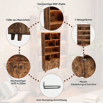 80x30x173cmBücherregal, Beine aus Massivholz, mehrere Ablagefächer, Doppeltüren, LED-Farbwechsel-Ambientelicht, Fernbedienung, einfache Form,braun