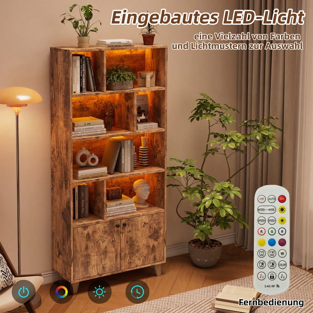 80x30x173cmBücherregal, Beine aus Massivholz, mehrere Ablagefächer, Doppeltüren, LED-Farbwechsel-Ambientelicht, Fernbedienung, einfache Form,braun