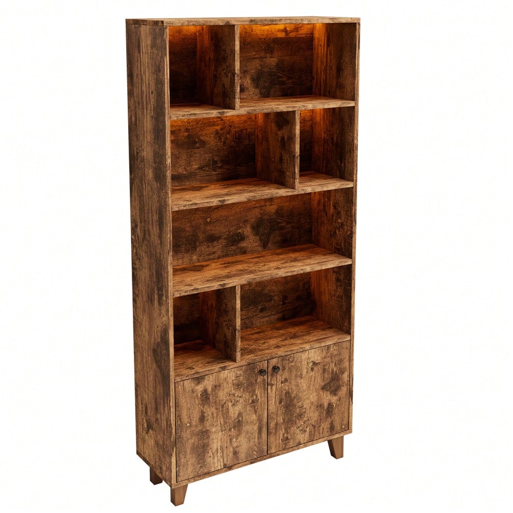 80x30x173cmBücherregal, Beine aus Massivholz, mehrere Ablagefächer, Doppeltüren, LED-Farbwechsel-Ambientelicht, Fernbedienung, einfache Form,braun