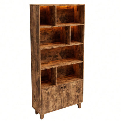 80x30x173cmBücherregal, Beine aus Massivholz, mehrere Ablagefächer, Doppeltüren, LED-Farbwechsel-Ambientelicht, Fernbedienung, einfache Form,braun