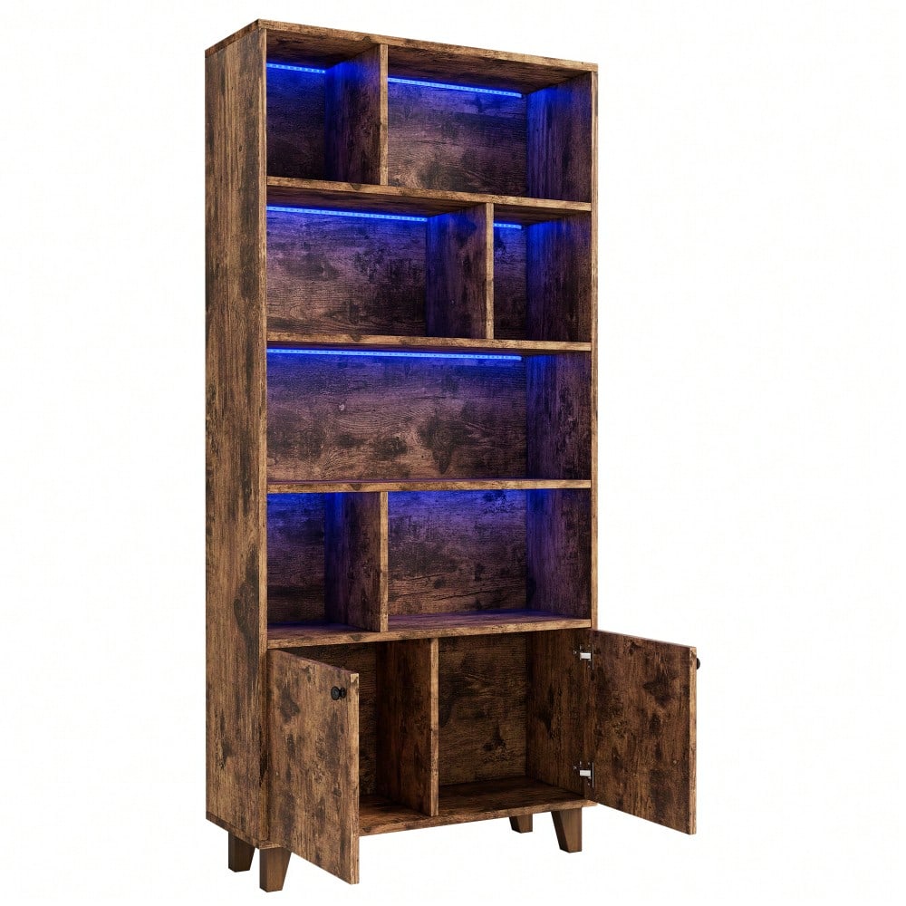 80x30x173cmBücherregal, Beine aus Massivholz, mehrere Ablagefächer, Doppeltüren, LED-Farbwechsel-Ambientelicht, Fernbedienung, einfache Form,braun