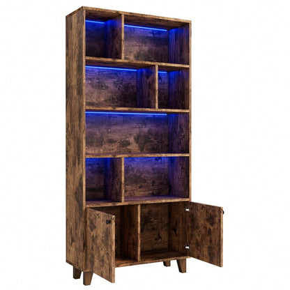 80x30x173cmBücherregal, Beine aus Massivholz, mehrere Ablagefächer, Doppeltüren, LED-Farbwechsel-Ambientelicht, Fernbedienung, einfache Form,braun