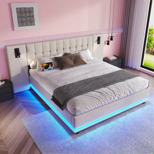 Polsterbett, 180*200cm, mit LED-Leiste, Kopfteil mit Spot, mit USB, ohne Matratze, Leinen, beige