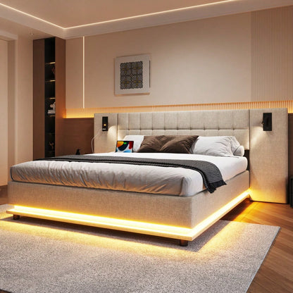 Polsterbett, 180*200cm, mit LED-Leiste, Kopfteil mit Spot, mit USB, ohne Matratze, Leinen, beige