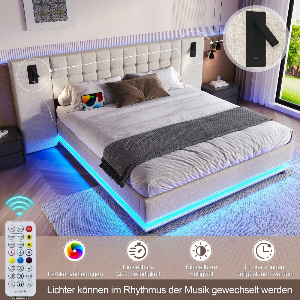 Polsterbett, 180*200cm, mit LED-Leiste, Kopfteil mit Spot, mit USB, ohne Matratze, Leinen, beige