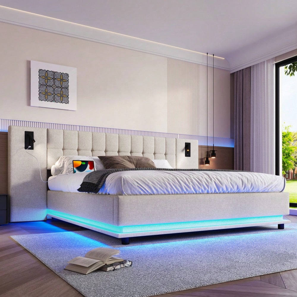 Polsterbett, 180*200cm, mit LED-Leiste, Kopfteil mit Spot, mit USB, ohne Matratze, Leinen, beige