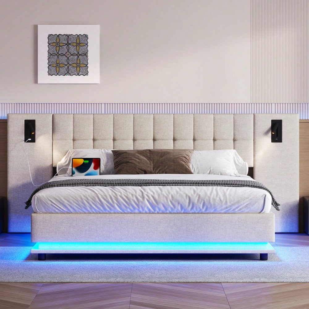 Polsterbett, 180*200cm, mit LED-Leiste, Kopfteil mit Spot, mit USB, ohne Matratze, Leinen, beige