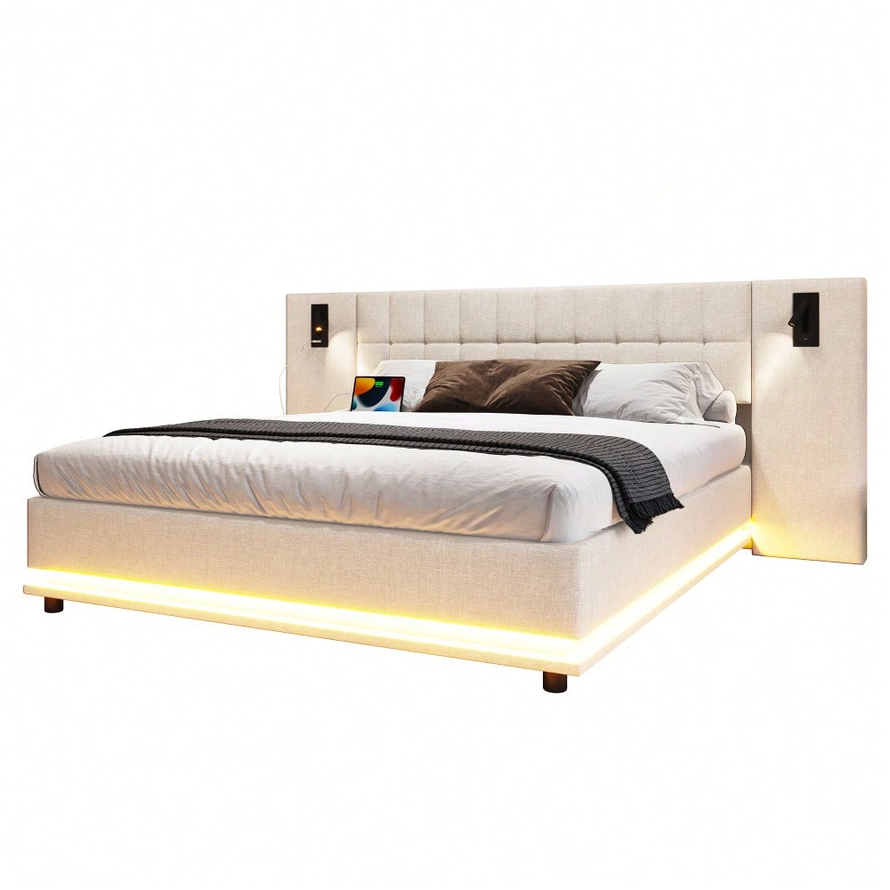 Polsterbett, 180*200cm, mit LED-Leiste, Kopfteil mit Spot, mit USB, ohne Matratze, Leinen, beige
