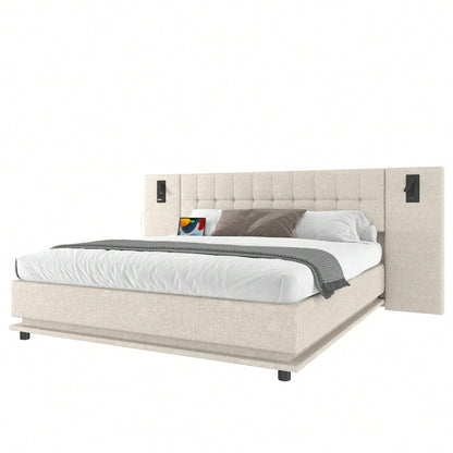Polsterbett, 180*200cm, mit LED-Leiste, Kopfteil mit Spot, mit USB, ohne Matratze, Leinen, beige