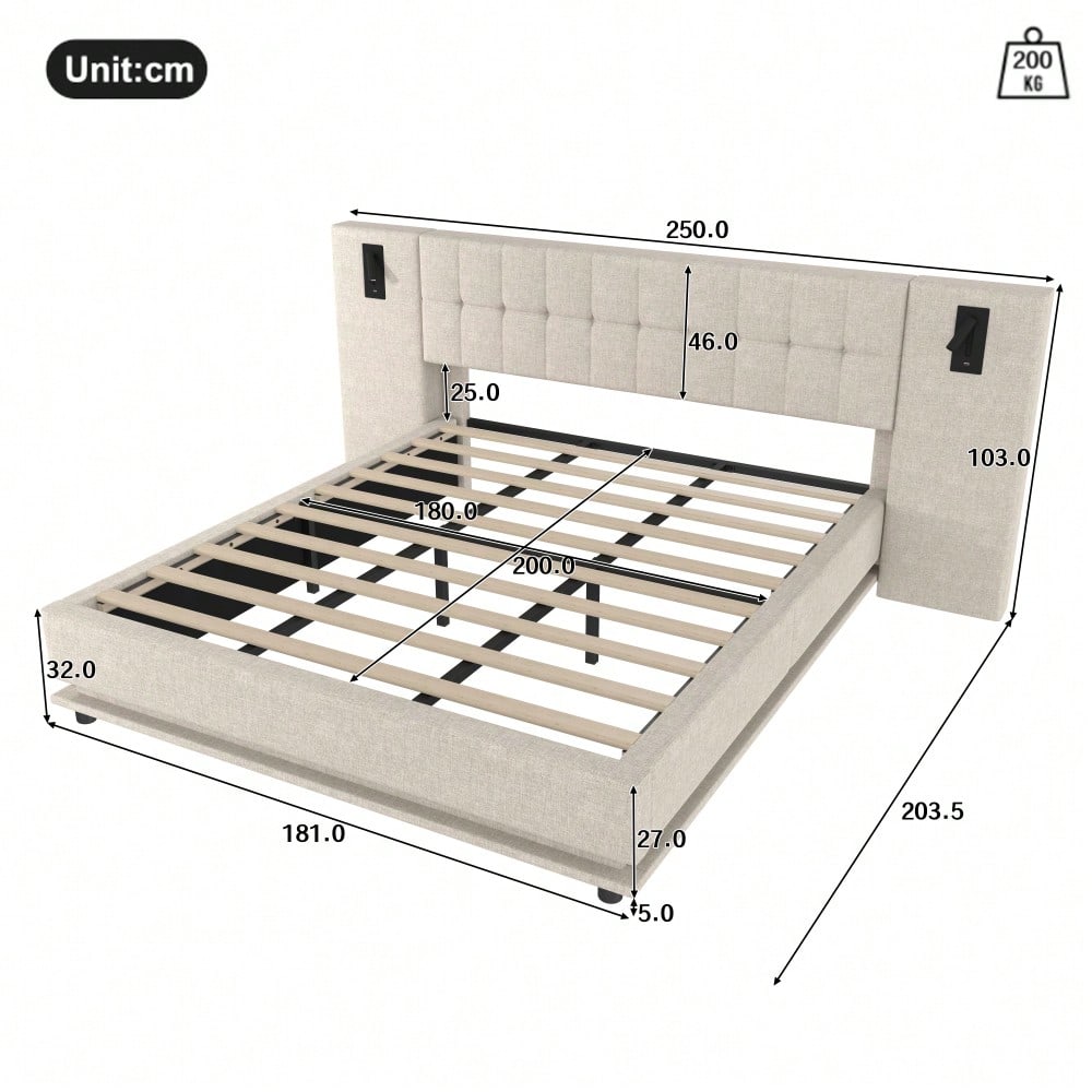 Polsterbett, 180*200cm, mit LED-Leiste, Kopfteil mit Spot, mit USB, ohne Matratze, Leinen, beige