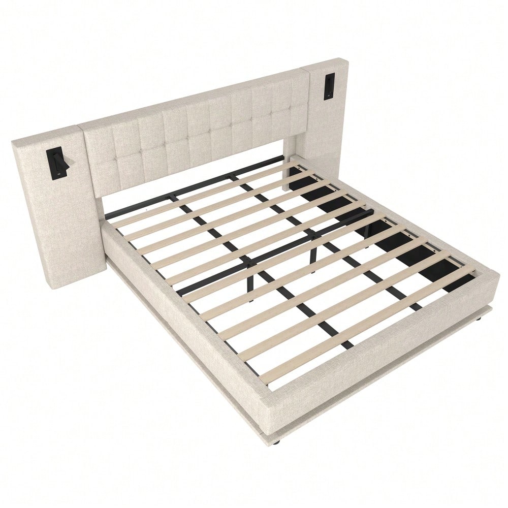 Polsterbett, 180*200cm, mit LED-Leiste, Kopfteil mit Spot, mit USB, ohne Matratze, Leinen, beige