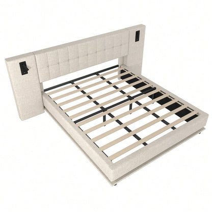 Polsterbett, 180*200cm, mit LED-Leiste, Kopfteil mit Spot, mit USB, ohne Matratze, Leinen, beige